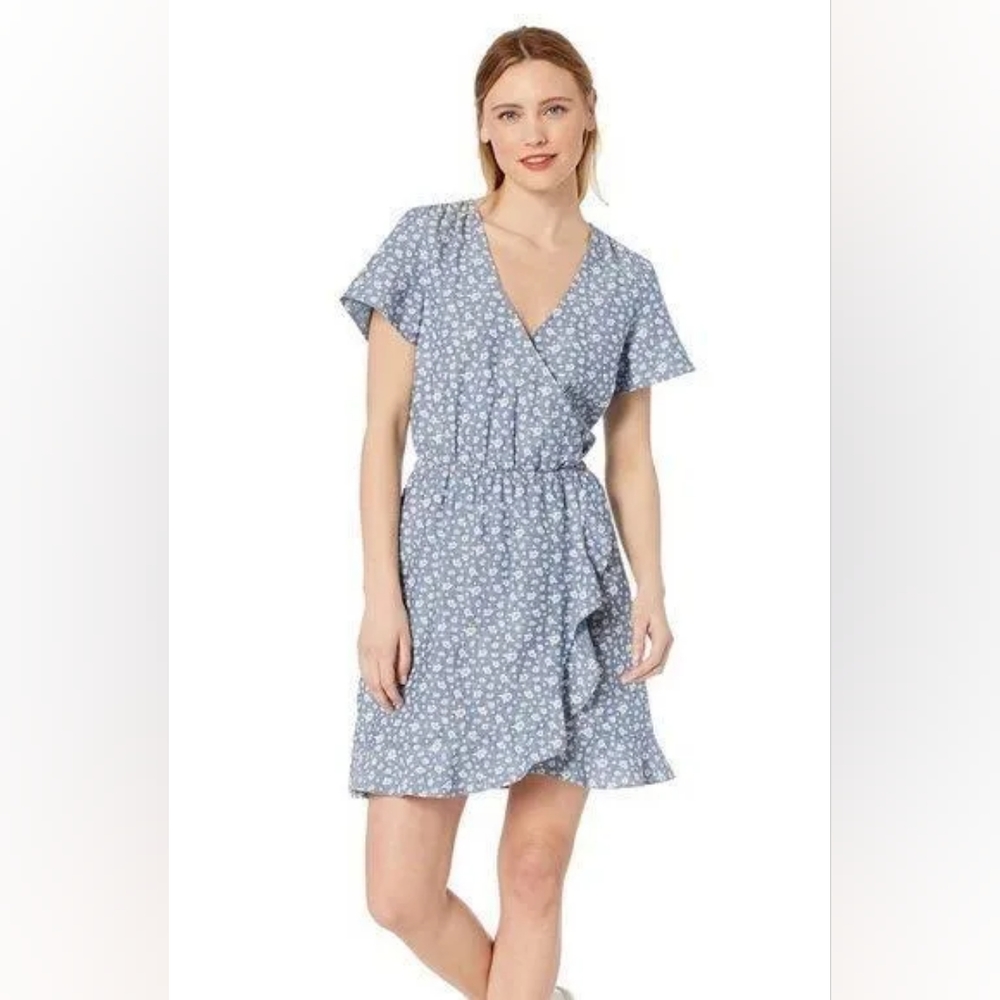 J. Crew Mercantile Blue Floral Chambray Wrap Dress Ruffle Hem 100% Cotton Size M